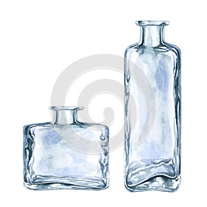 Beautiful watercolor vintage empty glass bottles for perfume fantasy games, in the alchemy laboratory, for magic potions