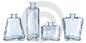 Beautiful watercolor vintage empty glass bottles for perfume fantasy games, in the alchemy laboratory, for magic potions