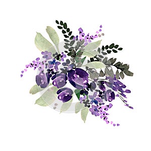 Beautiful watercolor wedding bouquet with purple flowers.