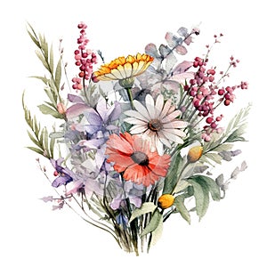 beautiful watercolor wildflowers bouquet with multiple flowersWatercolor for decoration