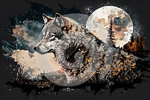 Beautiful Watercolor Wolf, Bright Moon And Forest Landscape Isolated On Dark Background - Generative AI