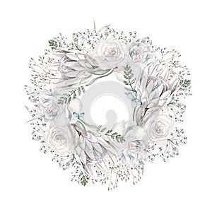Beautiful watercolor wreath  with rose, protea, butterfly and blue flowers forget me not