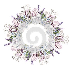 Beautiful watercolor wreath  with roses  flowers, gypsophila, lavender and eucalyptus leaves