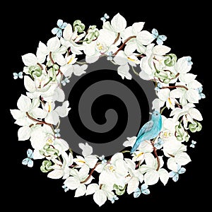 Beautiful watercolor wreath with white orchid flowers, butterflies and blue bird