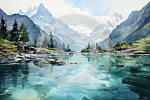 Beautiful watercolors of a winter lake between high mountains