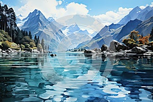 Beautiful watercolors of a winter lake between high mountains