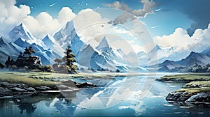 Beautiful watercolors of a winter lake between high mountains