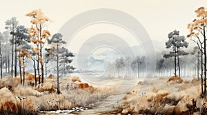 Beautiful watercolors of a winter forest wrapped in morning mists