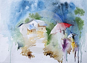 Beautiful watercolour image of two Indian women walking in a rain soaked Indian village with umbrellas. Indian monsoon, hand