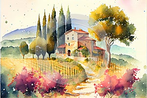 Tuscany scene lanscape Tuscan watercolor watercolour photo