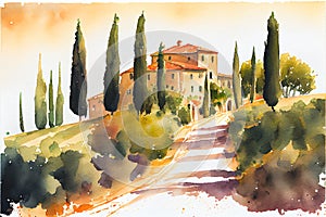 Tuscany scene lanscape Tuscan watercolor watercolour photo