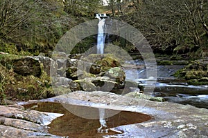 Beautiful waterfall, Afon Caerfanell mountain river, Blaen-y-Glyn