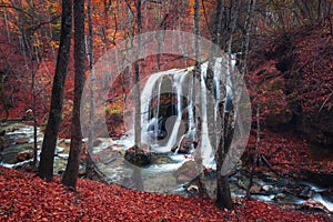 Beautiful waterfall in autumn forest in crimean mountains at sun