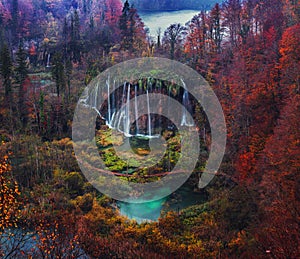 Beautiful waterfall autumn in Plitvice National Park, Croatia