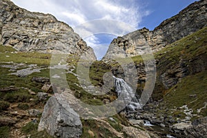 Beautiful waterfall called Cola de Caballo on the Arazas river in the Ordesa y Monte Perdido National Park in the Pyrenees, Huesca