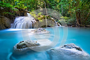 Beautiful Waterfall in deep forest at Erawan waterfall National Park, Kanchanaburi,