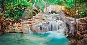 Beautiful waterfall at Erawan national park, Thailand. Panorama