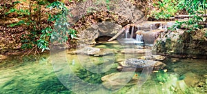 Beautiful waterfall at Erawan national park, Thailand. Panorama