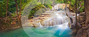 Beautiful waterfall at Erawan national park, Thailand. Panorama