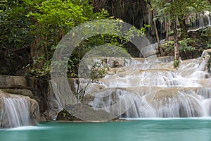 Beautiful waterfall - Erawan waterfall at Erawan National Park in Kanchanaburi, Thailand