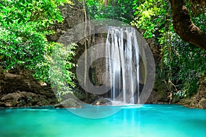 Beautiful waterfall in forest at Erawan National Park in Thailand