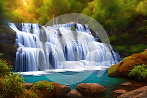 Beautiful waterfall in the forest, evening. AI generated