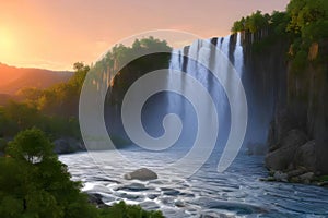 Beautiful waterfall in the forest, evening sunset. AI generated