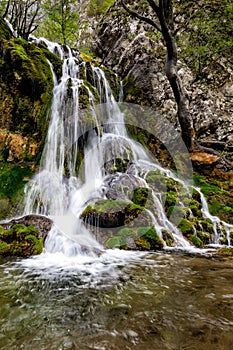 Beautiful waterfall in the forest with green moss