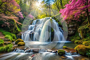 The beautiful waterfall in forest, spring, long exposure