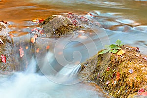 Beautiful waterfall in forest at sunset. Autumn landscape, fallen leaves