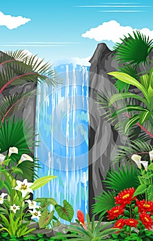 Beautiful Waterfall In Forest With Tropical Plant and Flower Cartoon