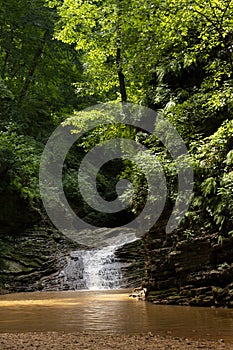 Beautiful waterfall in freshness lush green forest in sunny hot  summer day with sunshine, fresh splashes and flow on mountain.