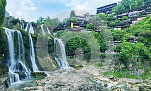 Beautiful waterfall in Furong ancient town, Xiangxi, Hunan, China