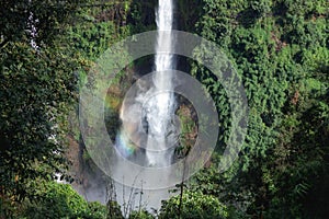 Beautiful Waterfall among the Green Forest and Rainbow from below in Paksong District Champasak Province