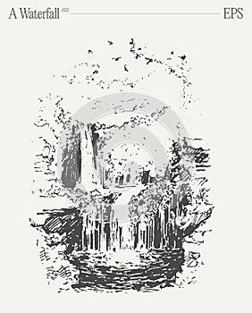 A beautiful waterfall. Hand drawn vector illustration, sketch.