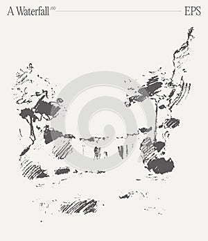 A beautiful waterfall. Hand drawn vector illustration, sketch.