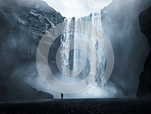 Beautiful waterfall in Iceland waterfall, a man standing under the majestic waterfall.