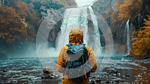 Beautiful waterfall in Iceland waterfall, a man standing under the majestic waterfall.