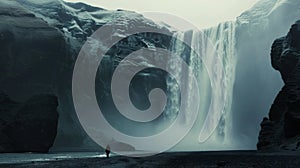 Beautiful waterfall in Iceland waterfall, a man standing under the majestic waterfall.