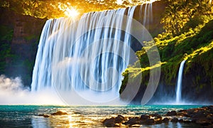 A beautiful waterfall in the middle of a lush forest. The sun is shining brightly, casting a warm glow on the water and