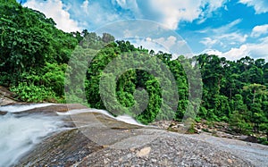 Beautiful waterfall at the mountain with blue sky and white cumulus clouds. Waterfall in tropical green tree forest. Waterfall