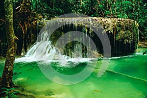 Beautiful waterfall in the rainforest jungle of thailand. Erawan waterfall in Erawan National Park, kanchanaburi,Thailand