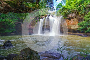 Beautiful waterfall with sunlight in jungle, Haew Suwat Waterfall at khao yai Nakhonratchasima province