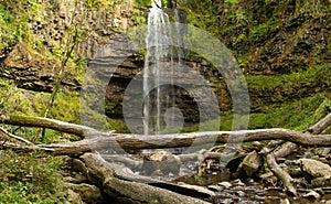 Beautiful waterfall surrounded by green foliage in a small valley (Henrhyd Falls