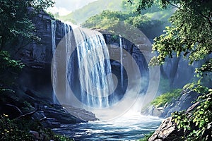 Beautiful waterfall surrounded by lush green foliage