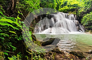 Beautiful waterfall in tropical rain forest at Kanchanaburi province, Thailand