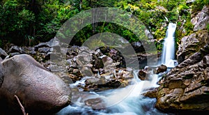 Beautiful waterfalls in the green nature, Wainui Falls, Abel Tasman, New Zealand