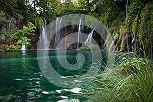 Beautiful waterfalls and lake, Plitvice Lakes, National Park, Forest, Croatia