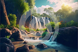 Beautiful waterfalls in lush forest with rocks