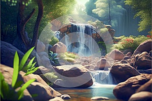 Beautiful waterfalls in lush forest with rocks